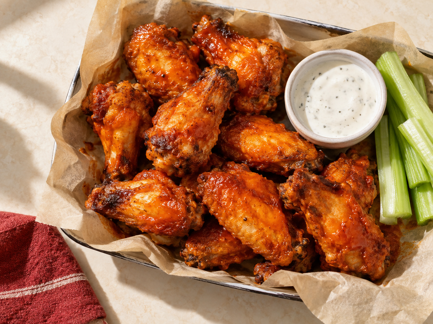 Saucy buffalo wings with celery and ranch